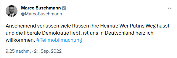 Tweet by Federal Minister of Justice Marco Buschmann from September 21, 2022: 