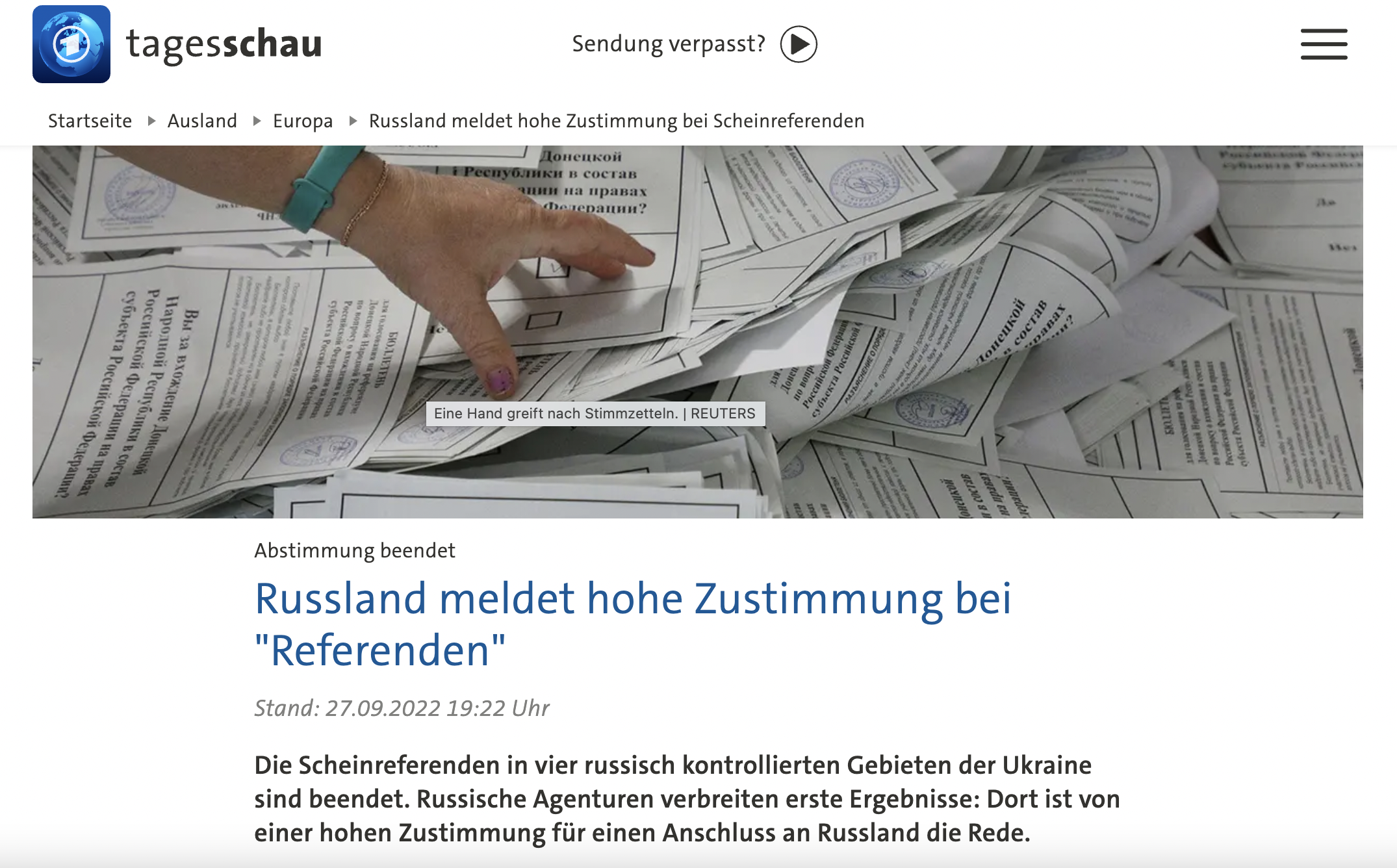 Tagesschau (German public TV station) headline from September, 27, 2022 after 