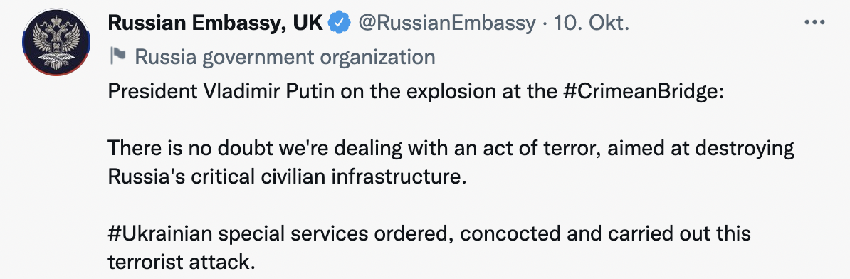 Tweet of the Russian Foreign Office from October 10, 2022: 