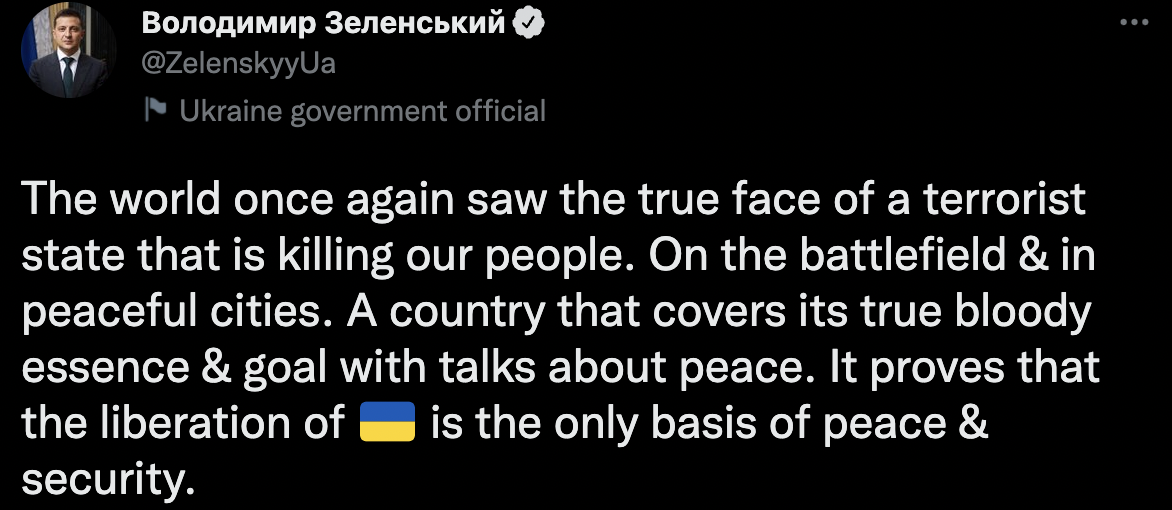 Tweet by President Wolodymyr Zelenskyy from October 10, 2022: 