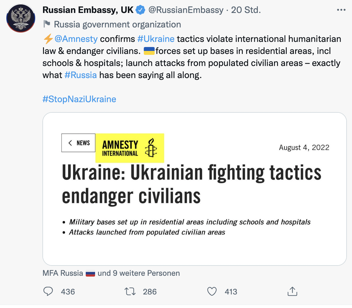 Retweets eines Berichts von Amnesty International zur Gefährdung von Zivilisten durch ukrainischen Kampftaktiken durch die Russische Botschaft in Großbritannien: