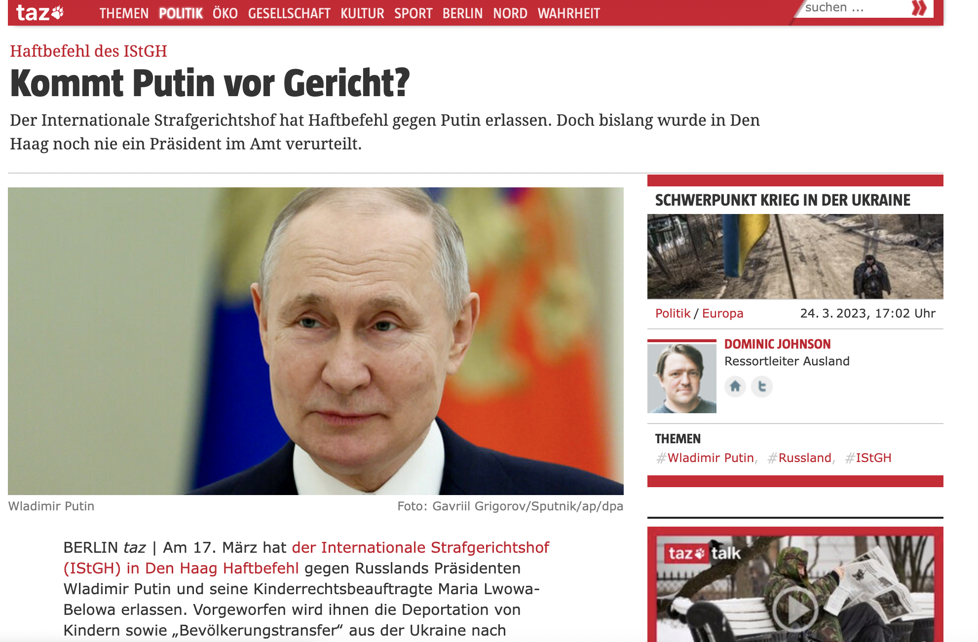 Headline from March 24, 2023 on taz.de, a German newspaper: 