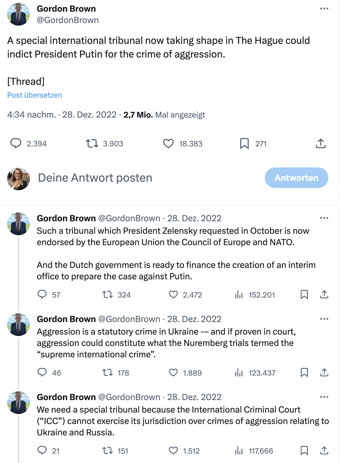 Tweets von Gordon Brown, ehemaliger Premierminister des Vereinigten Königreichs, vom 28.12.2022: 