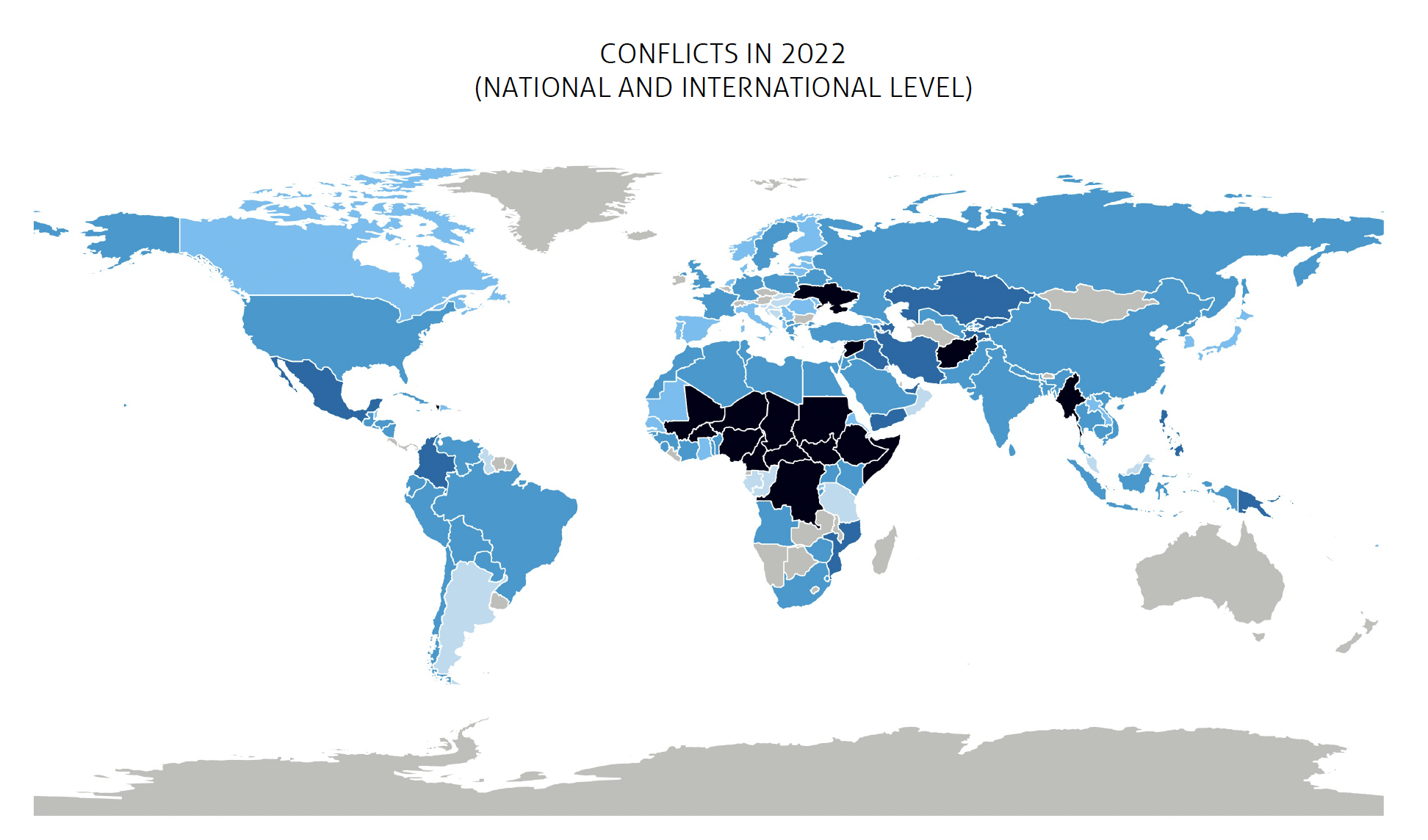 Konfliktbarometer 2022: vom politischen Konflikt bis zum Krieg, dargestellt in variierender Farbintensität