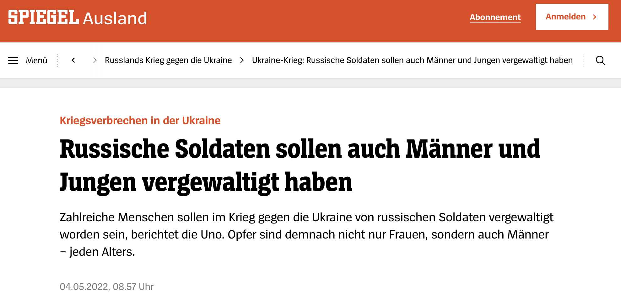 Schlagzeile vom 4.5.2022 zu Vergewaltigungen von Männern und Jungen im Ukraine-Konflikt auf Spiegel.de