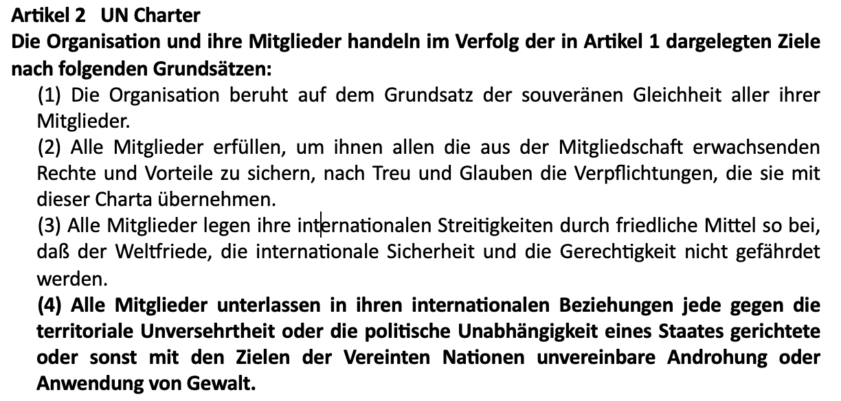 4. All Members shall refrain in their international relations from the threat or use of force against the territorial integrity or political independence of any state, or in any other manner inconsistent with the Purposes of the United Nations.