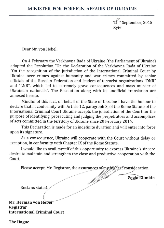 2nd Ukrainian declaration on the recognition of the jurisdiction of the International Criminal Court from September 8, 2014